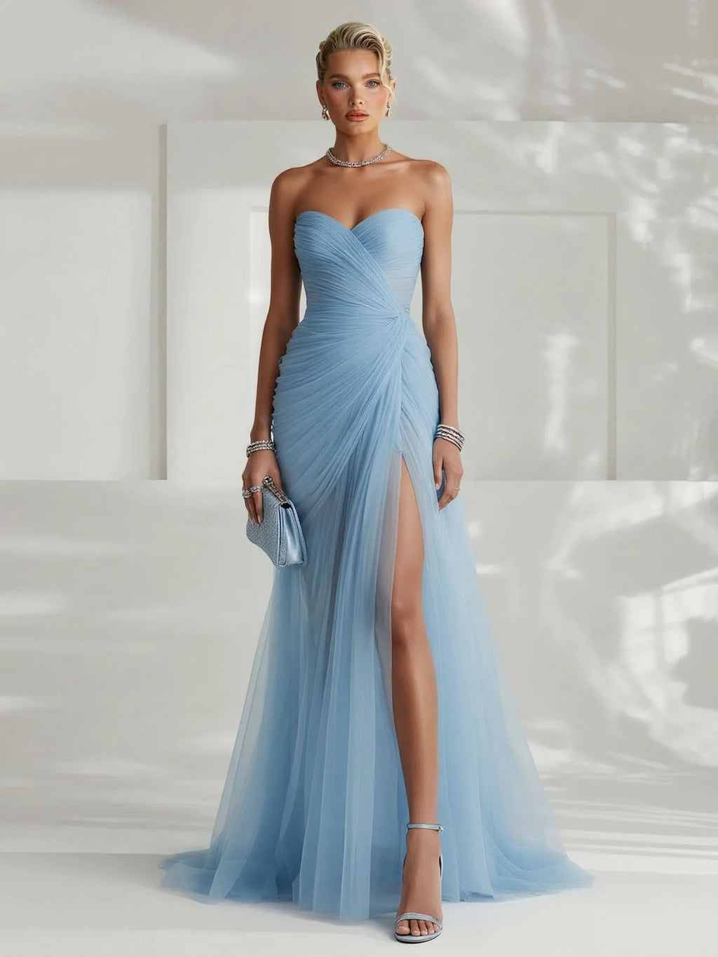 Strapless Pleated Tulle Maxi Dress Wedding Guest