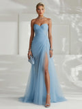 Strapless Pleated Tulle Maxi Dress Wedding Guest