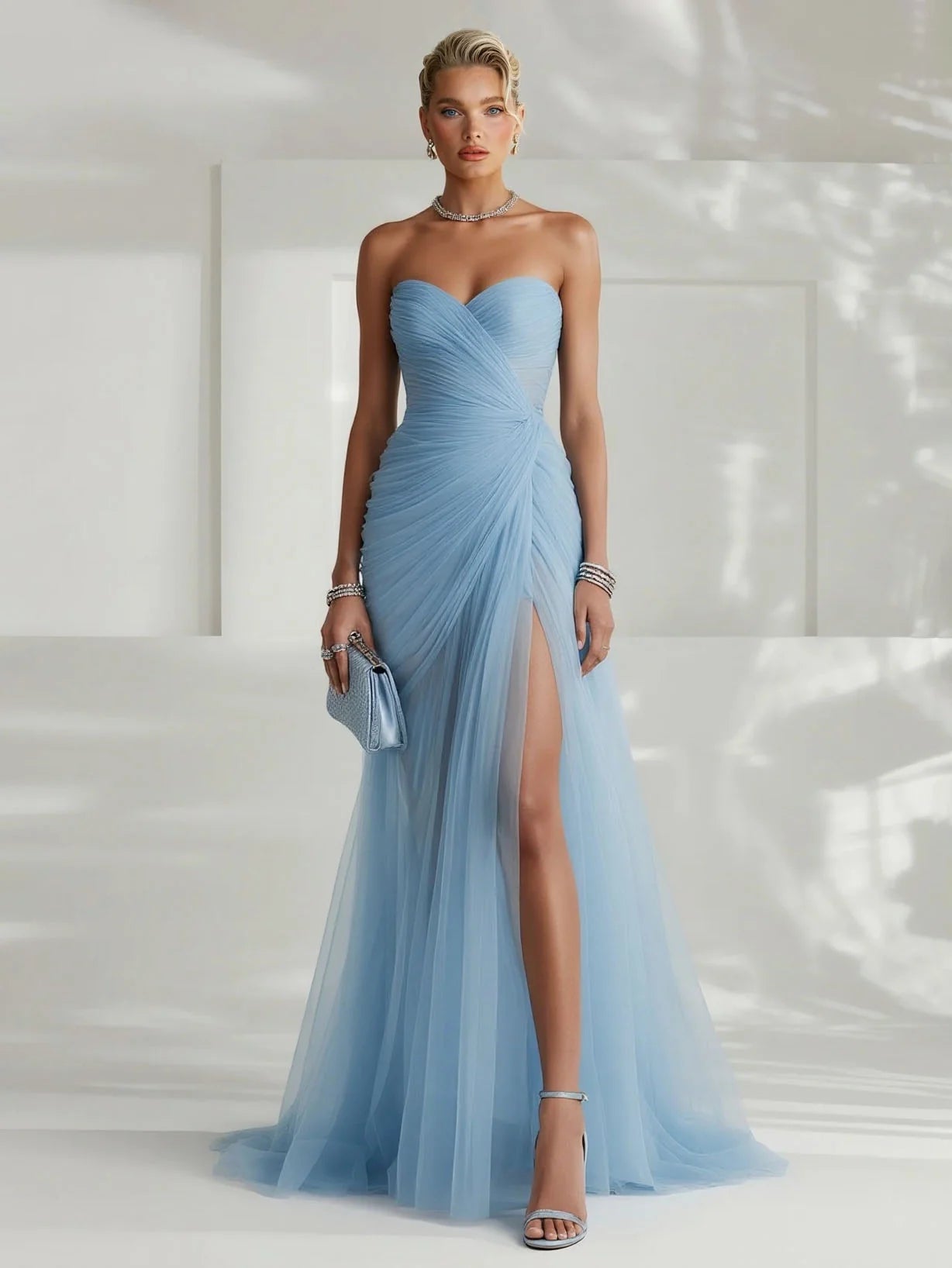 Strapless Pleated Tulle Maxi Dress Wedding Guest