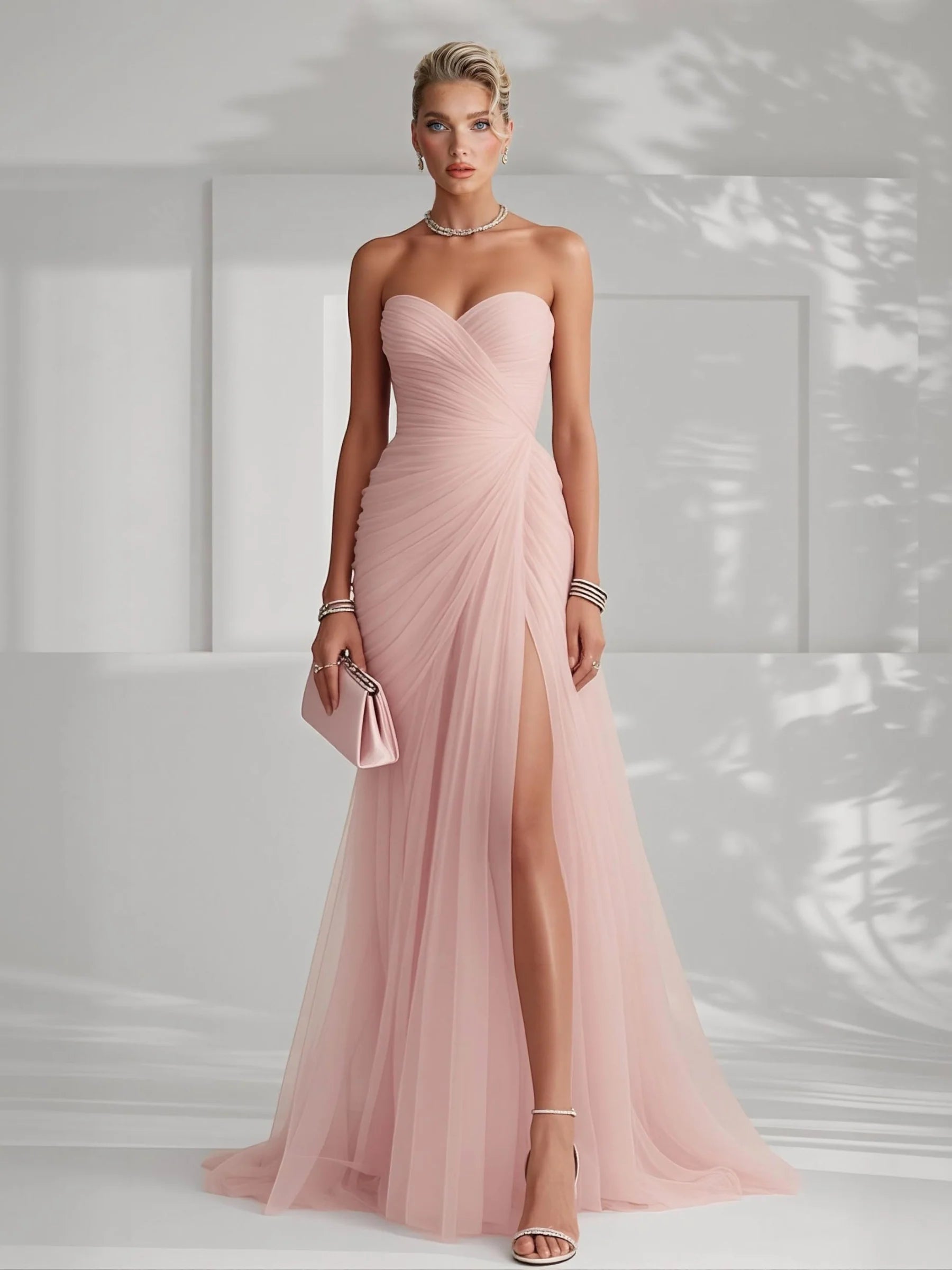 Strapless Pleated Tulle Maxi Dress Wedding Guest