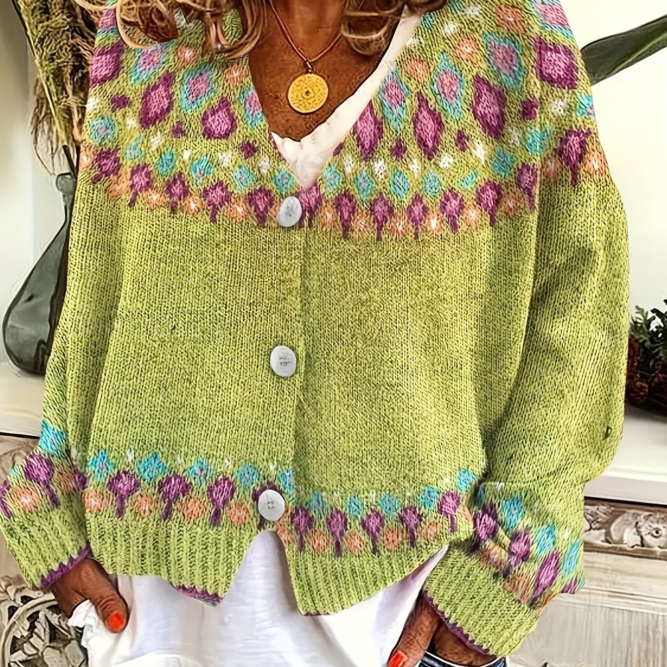 Green Nordic patterned cardigan