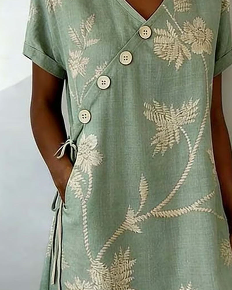 Green diagonal button print midi dress, full length view