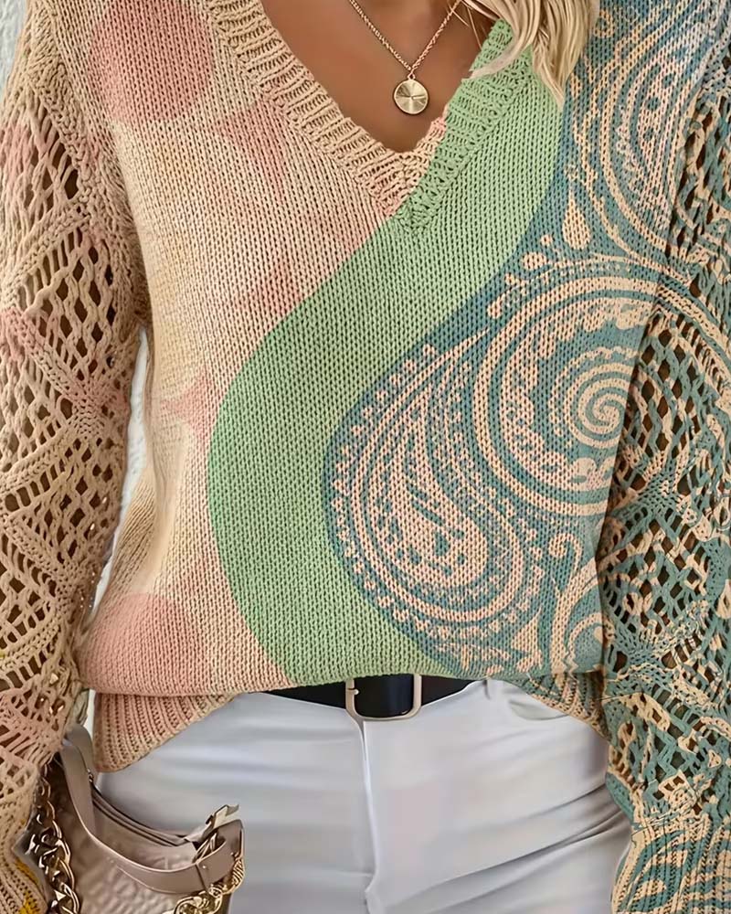 Green color block hollow-out V-neck knit sweater