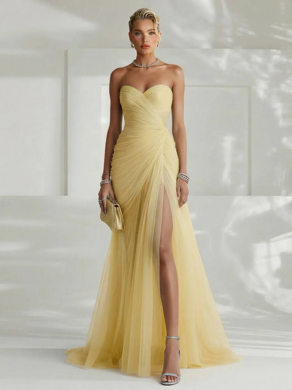 Strapless Pleated Tulle Maxi Dress Wedding Guest