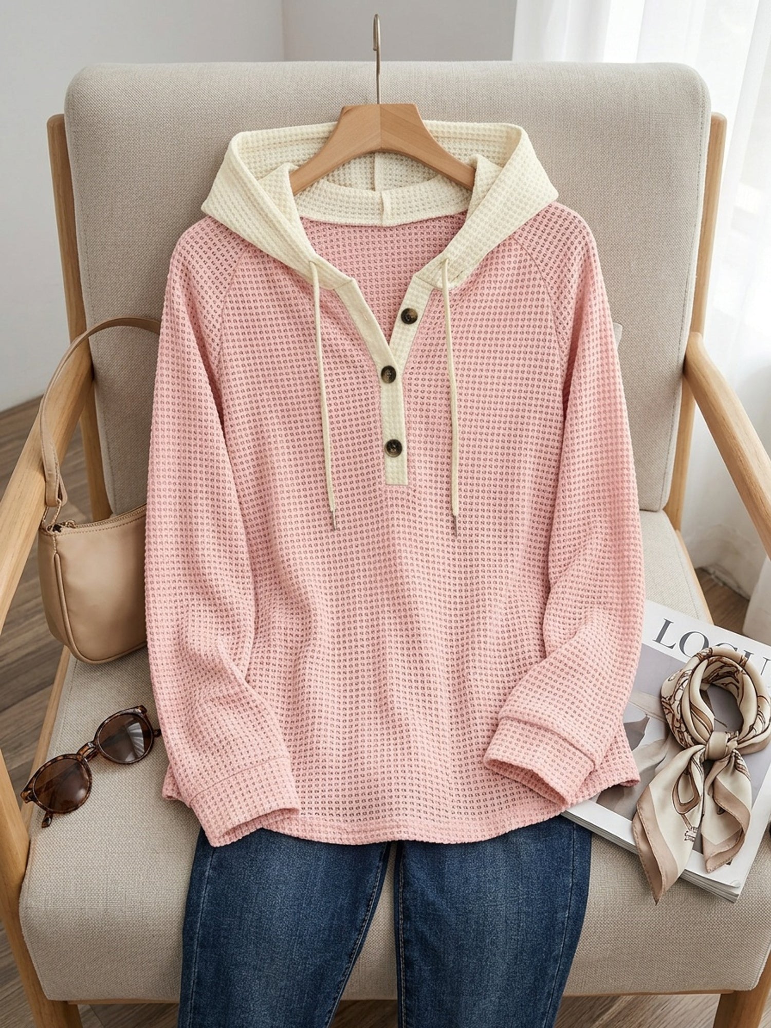 Beige relaxed waffle-texture hooded top
