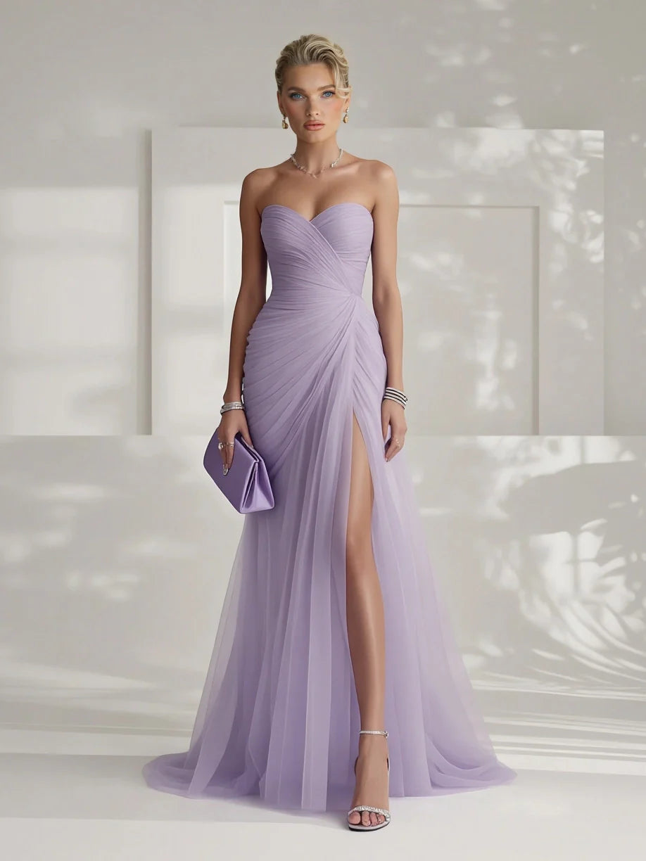 Strapless Pleated Tulle Maxi Dress Wedding Guest