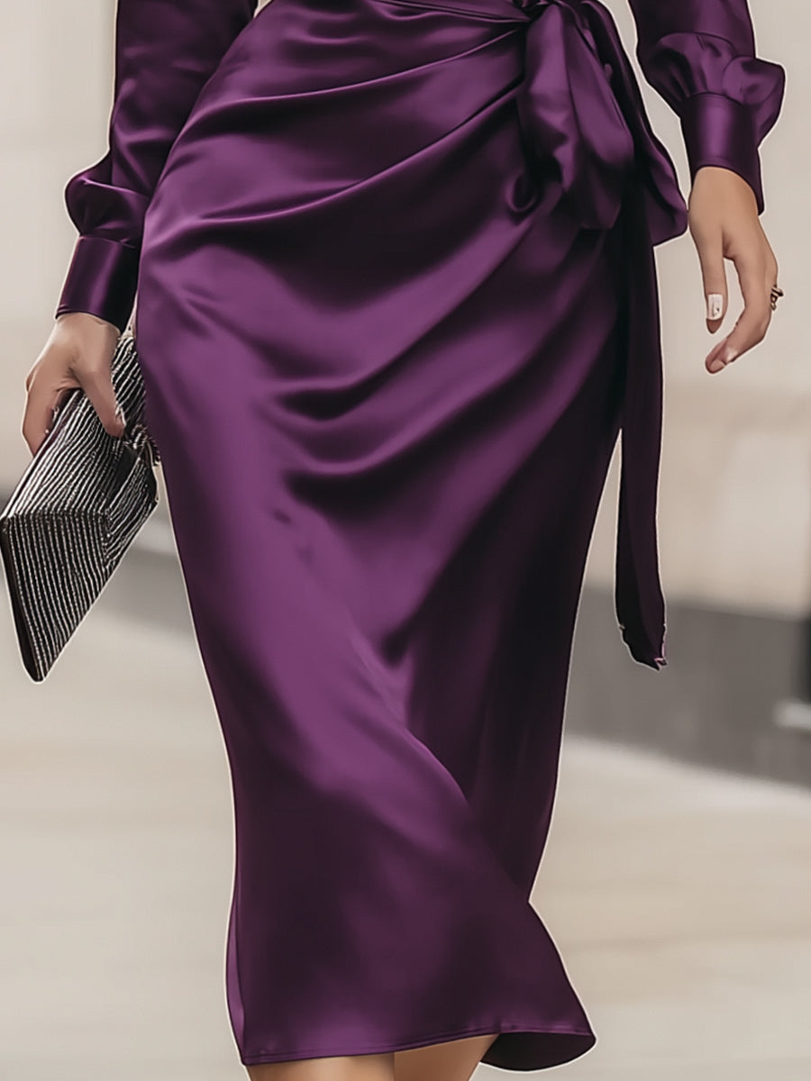 Purple Satin Wrap Midi Dress