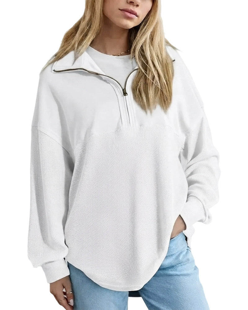 Half Zip Waffle Patchwork Long Sleeve Sweatshirt
