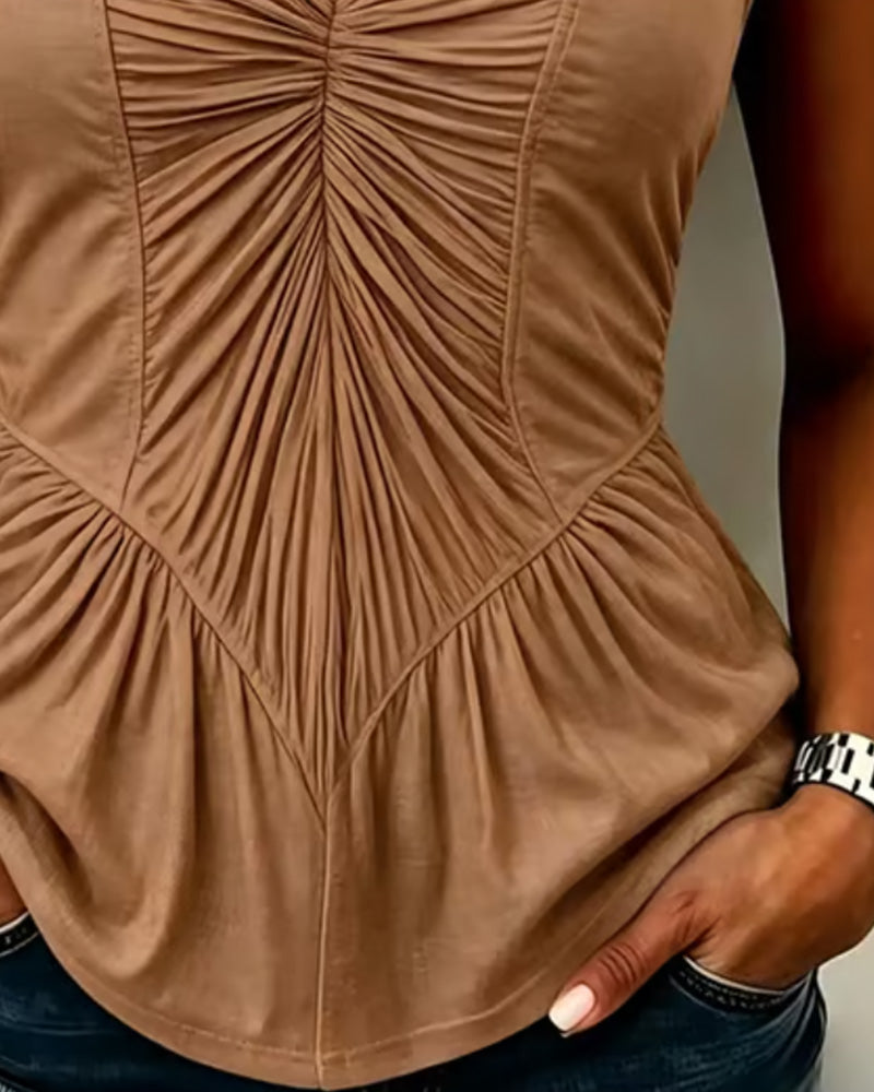 Brown V-neck tank with shirred detail, side view