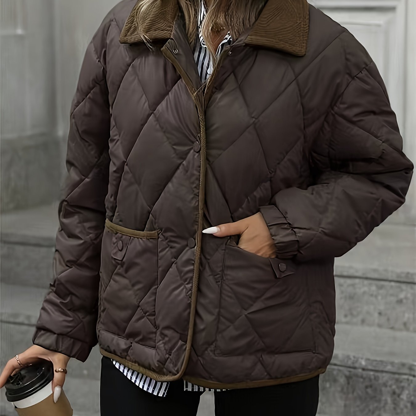 Coffee Brown Quilted Jacket, front view