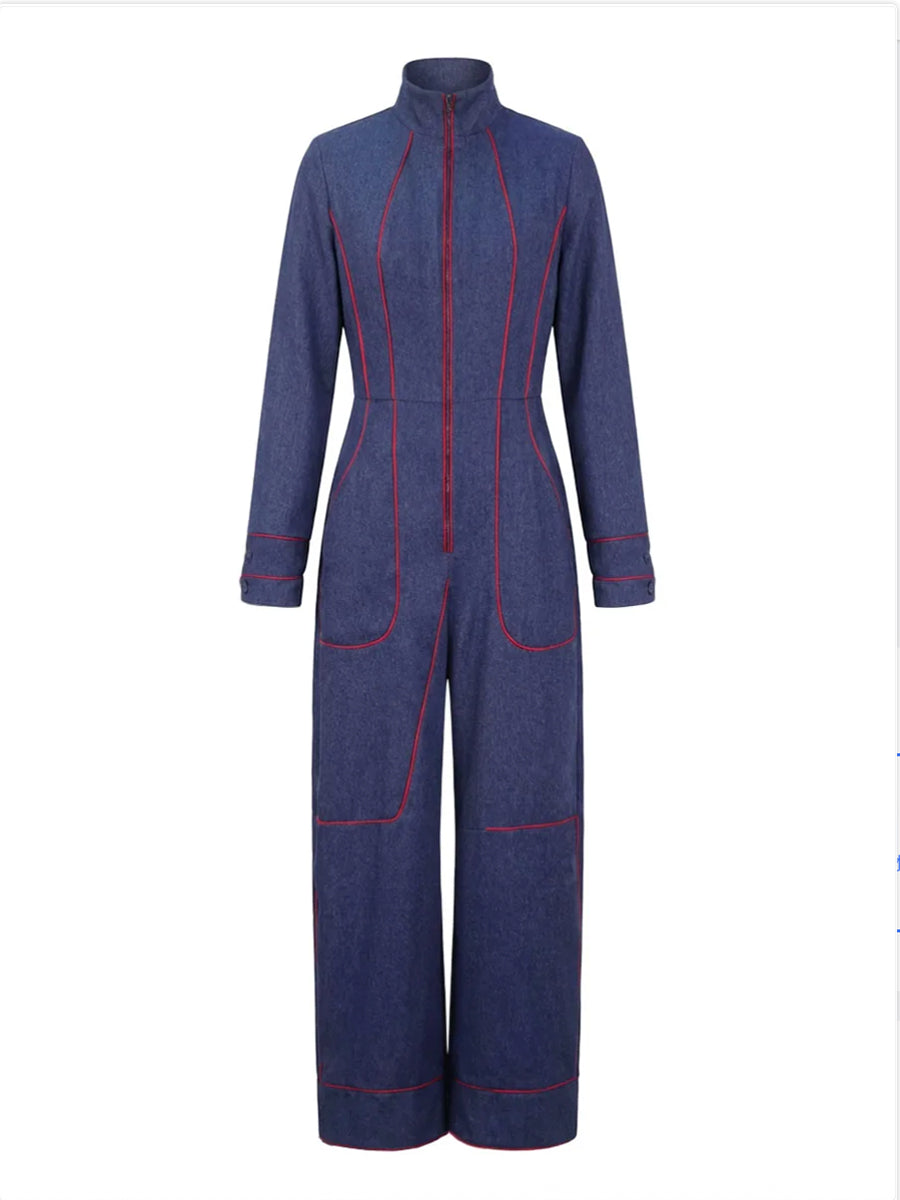 Denim Jumpsuit with Stand Collar