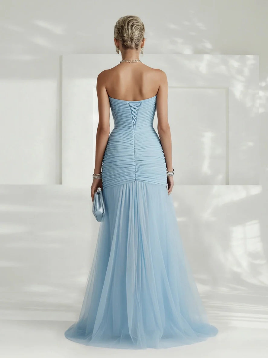 Strapless Pleated Tulle Maxi Dress Wedding Guest