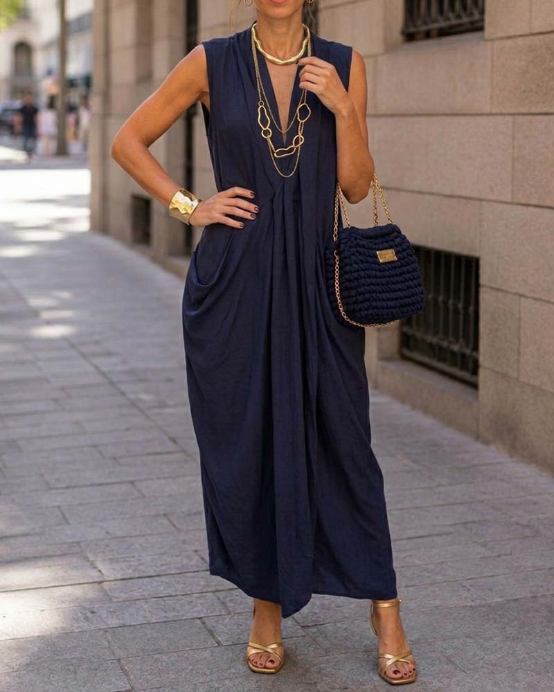 V-neck pocket maxi dress women summer, side view