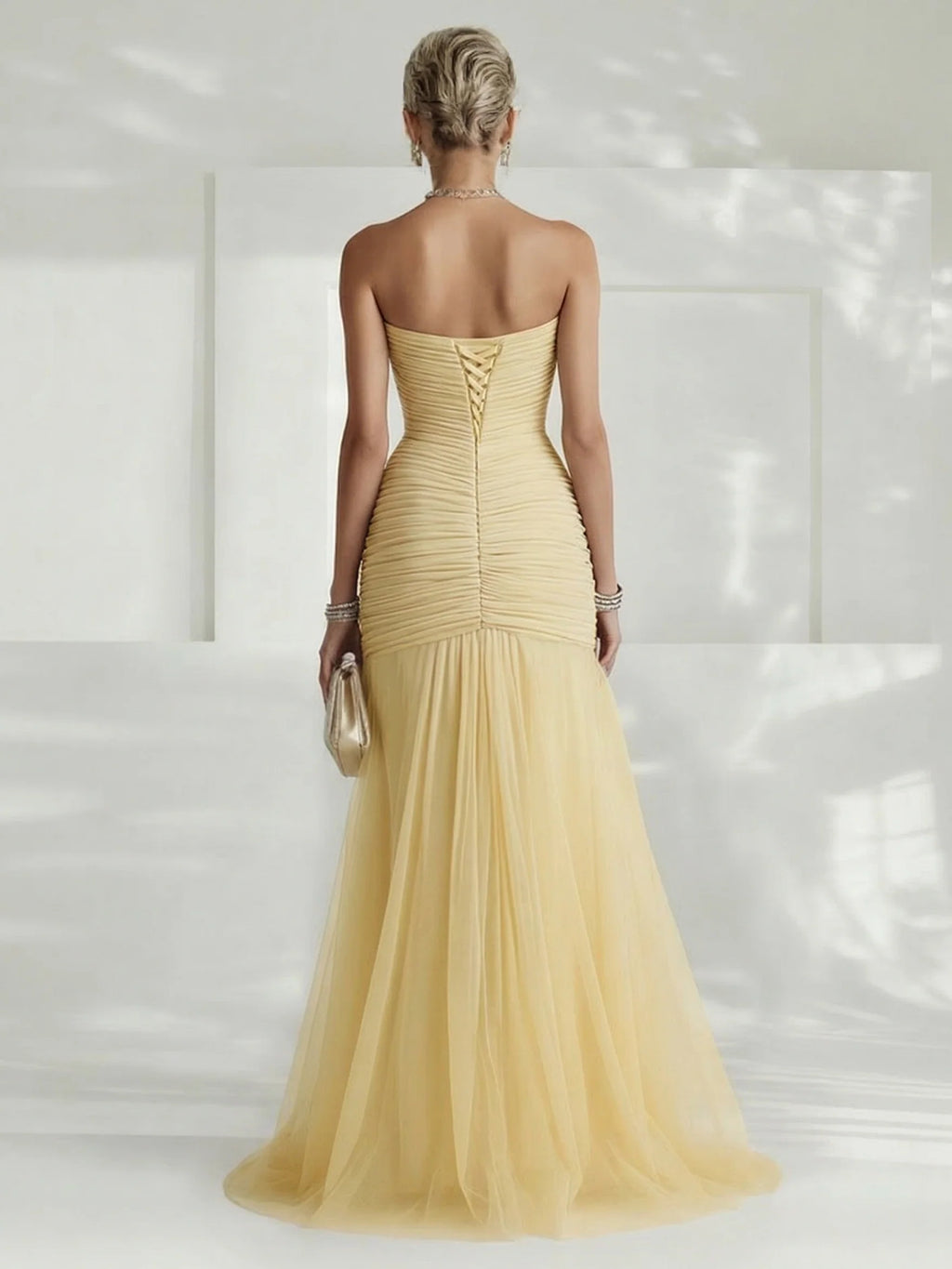 Strapless Pleated Tulle Maxi Dress Wedding Guest