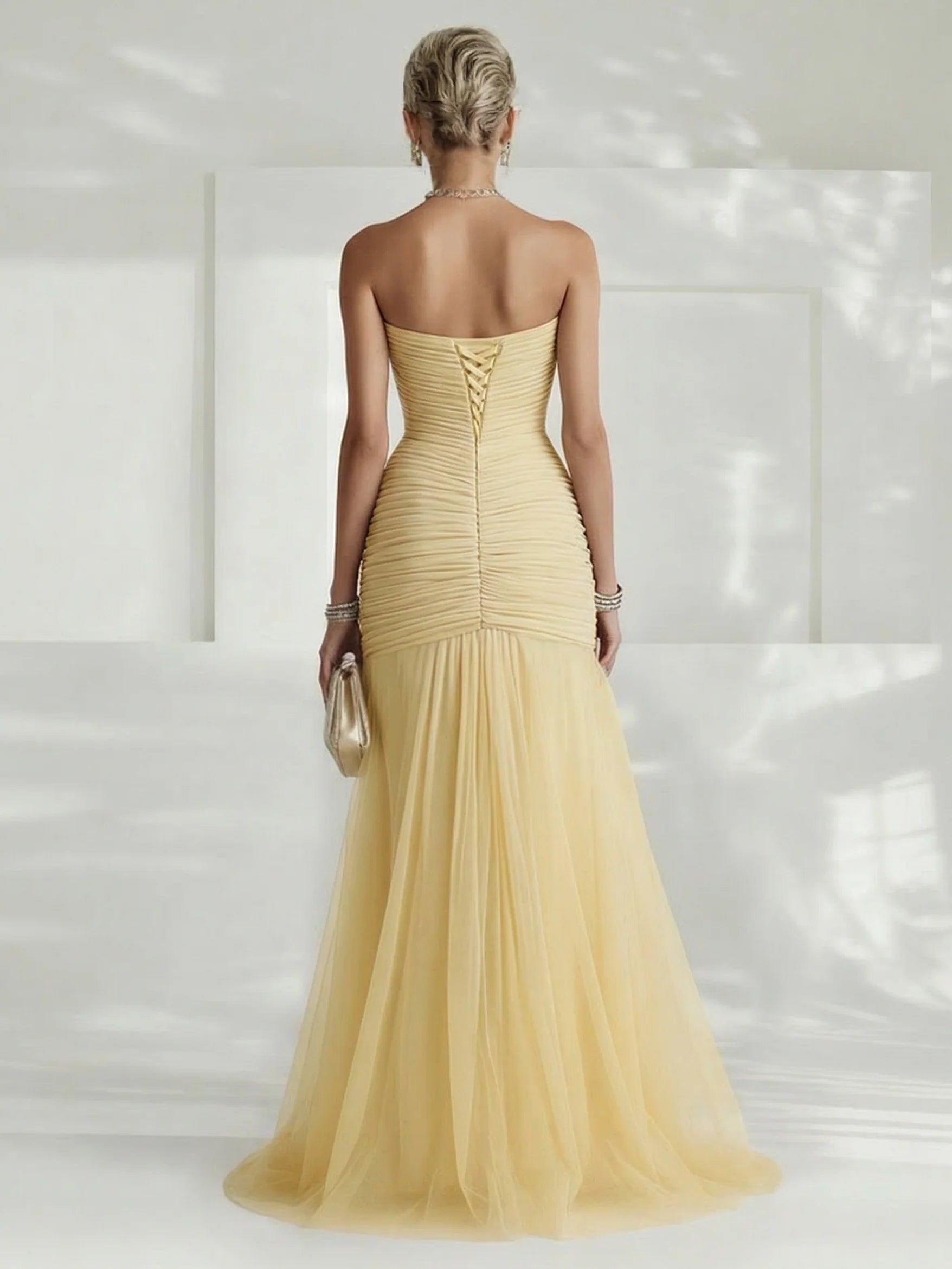Strapless Pleated Tulle Maxi Dress Wedding Guest