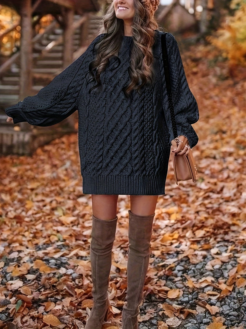 Black Cozy Cable-Knit Sweater Dress
