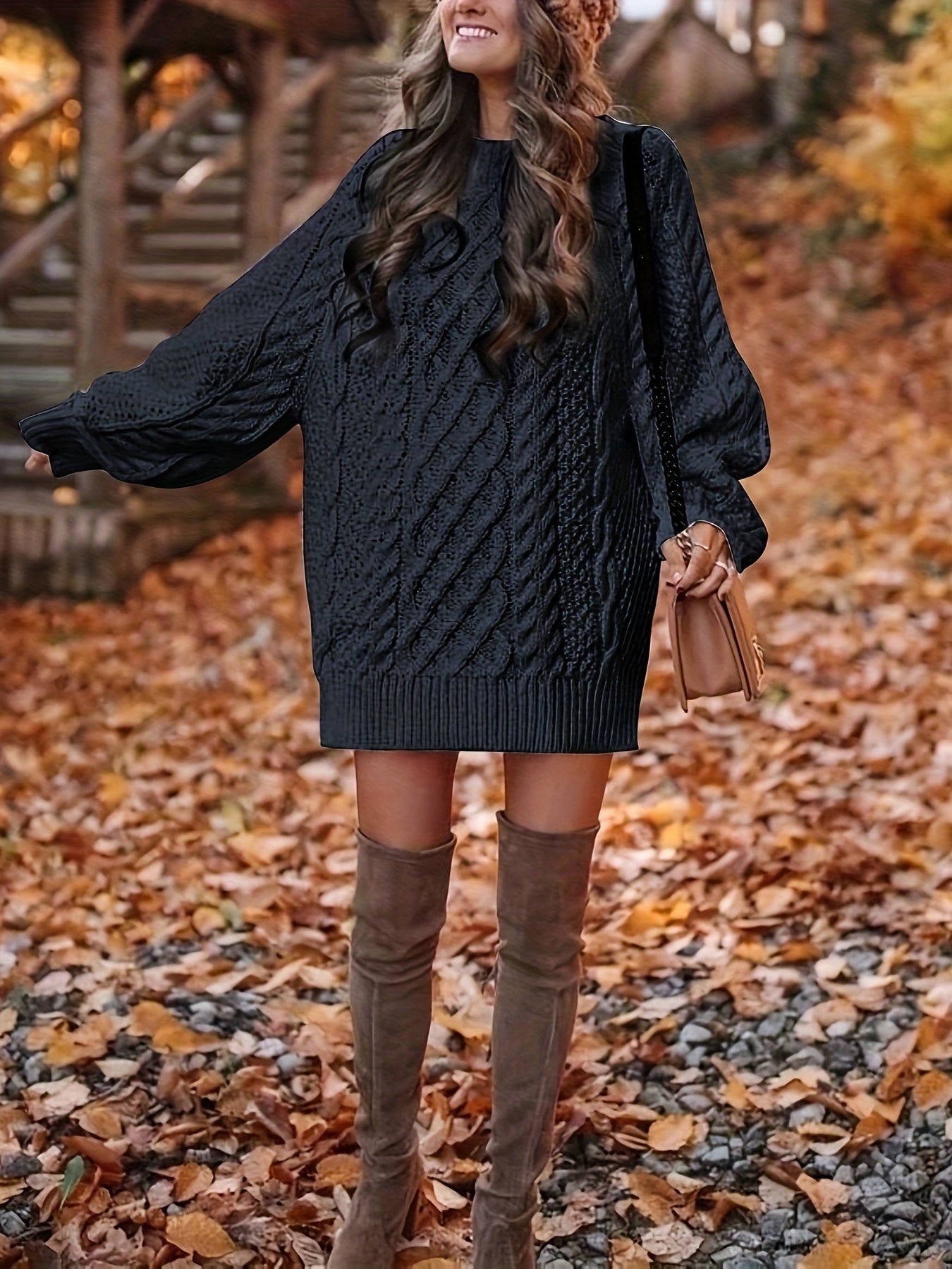 Black Cozy Cable-Knit Sweater Dress