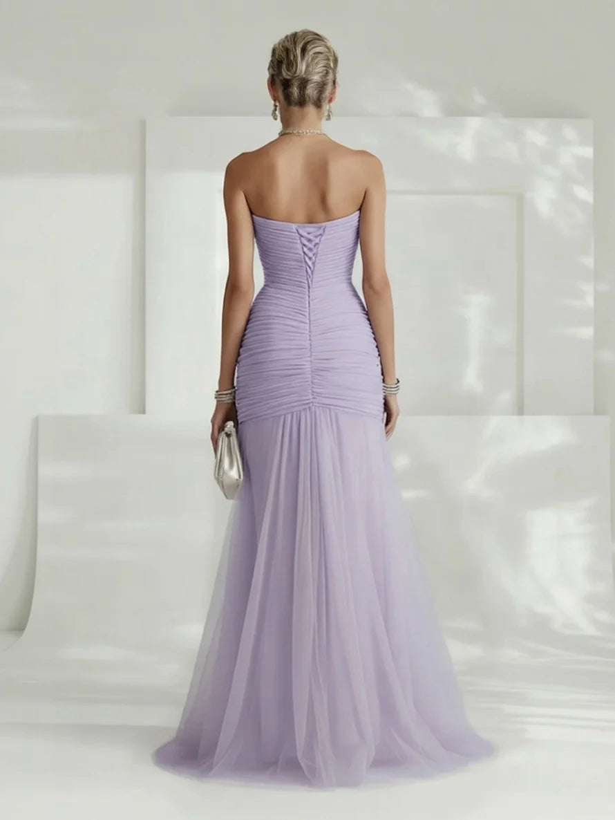 Strapless Pleated Tulle Maxi Dress Wedding Guest
