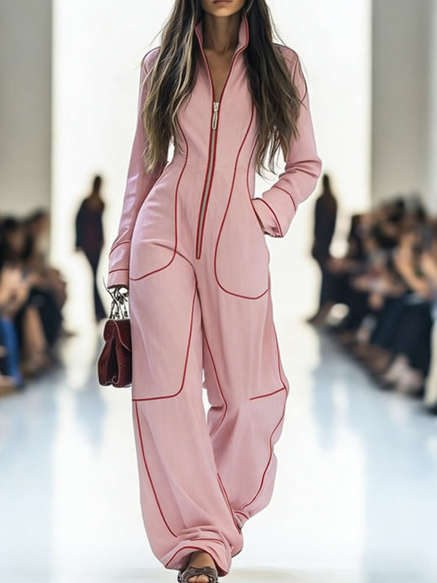 Denim Jumpsuit with Stand Collar