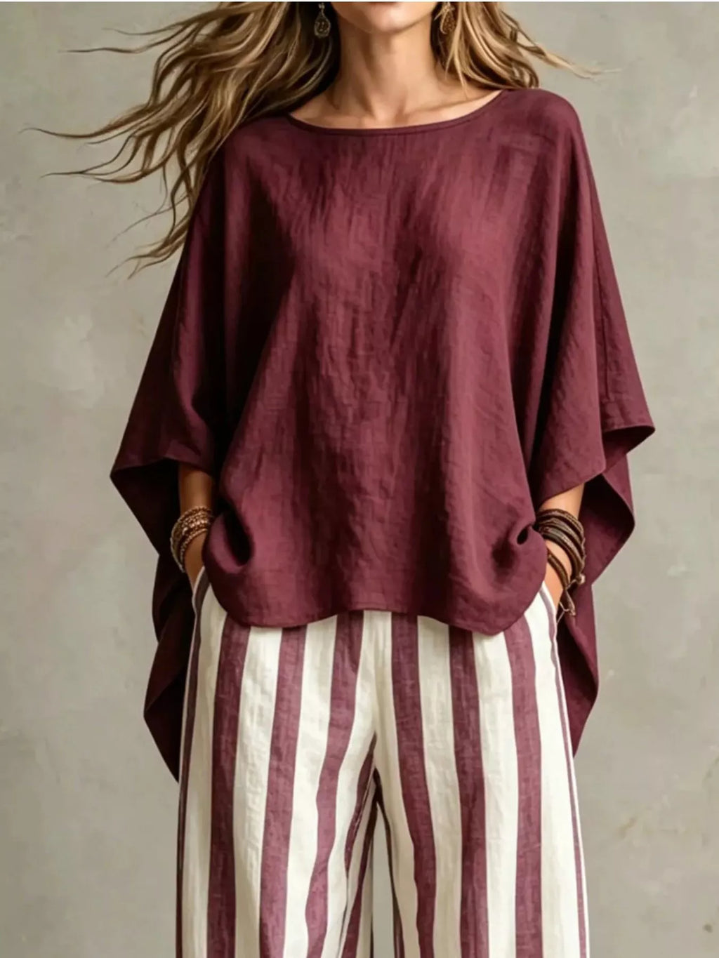 Burgundy solid color top and trousers co-ord set