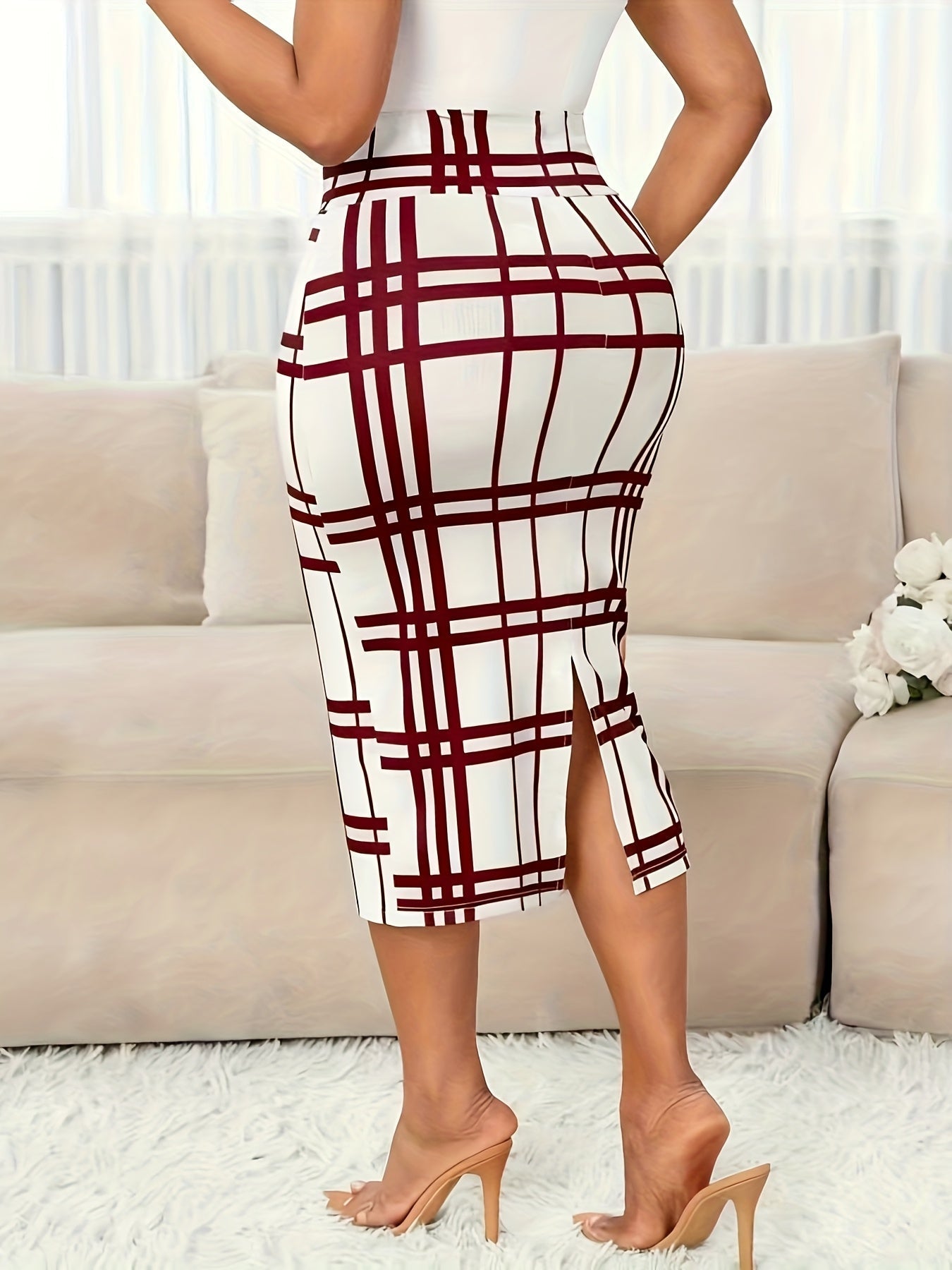 White Plaid Pencil Skirt