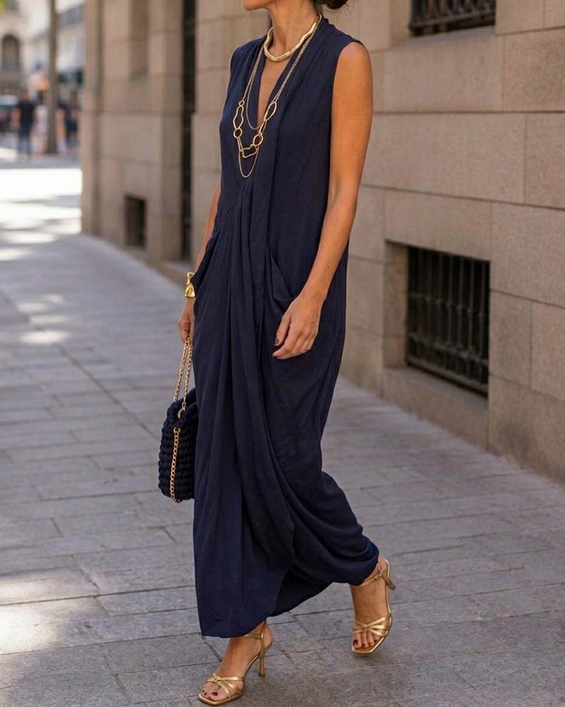 Navy blue V-neck sleeveless maxi dress, detail view