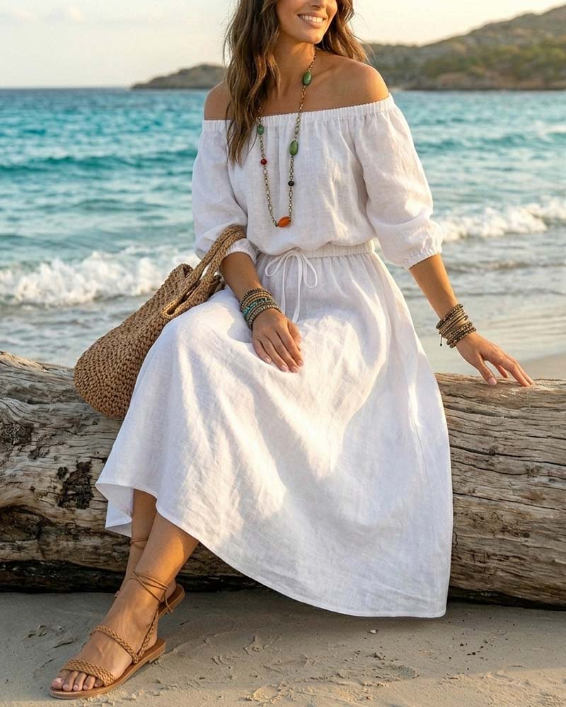 Off-shoulder lace-up waist dress women summer, side view
