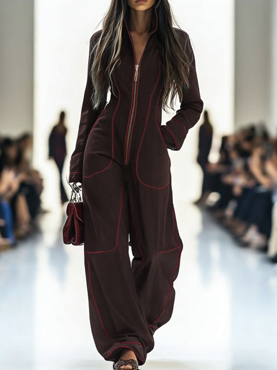Denim Jumpsuit with Stand Collar