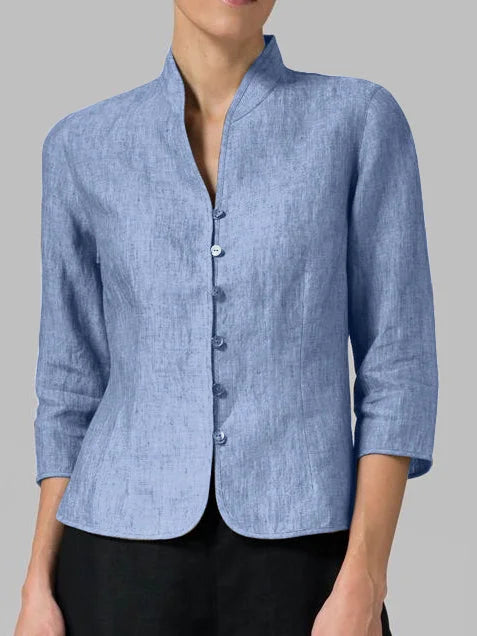 Blue Mandarin Collar Button-Front Blouse, front view
