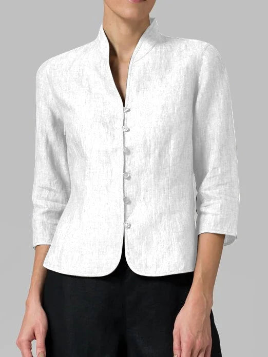 Blue Mandarin Collar Button-Front Blouse