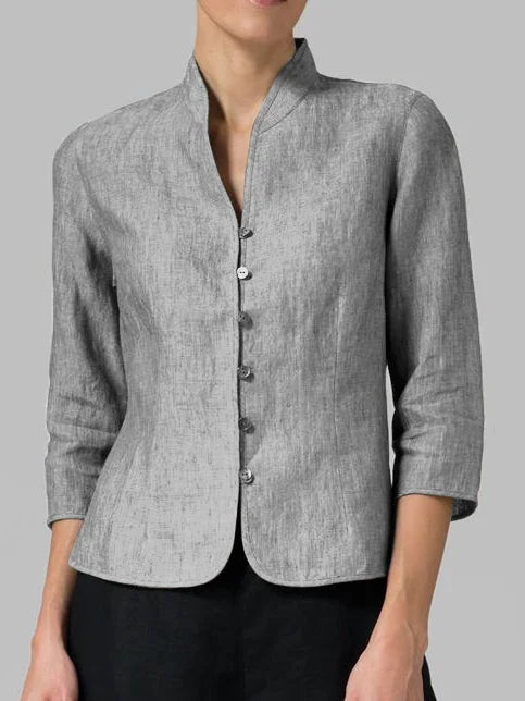 Blue Mandarin Collar Button-Front Blouse