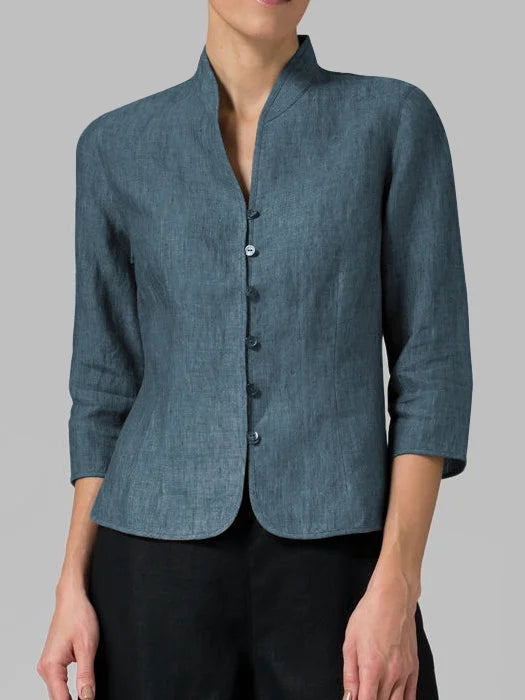 Blue Mandarin Collar Button-Front Blouse