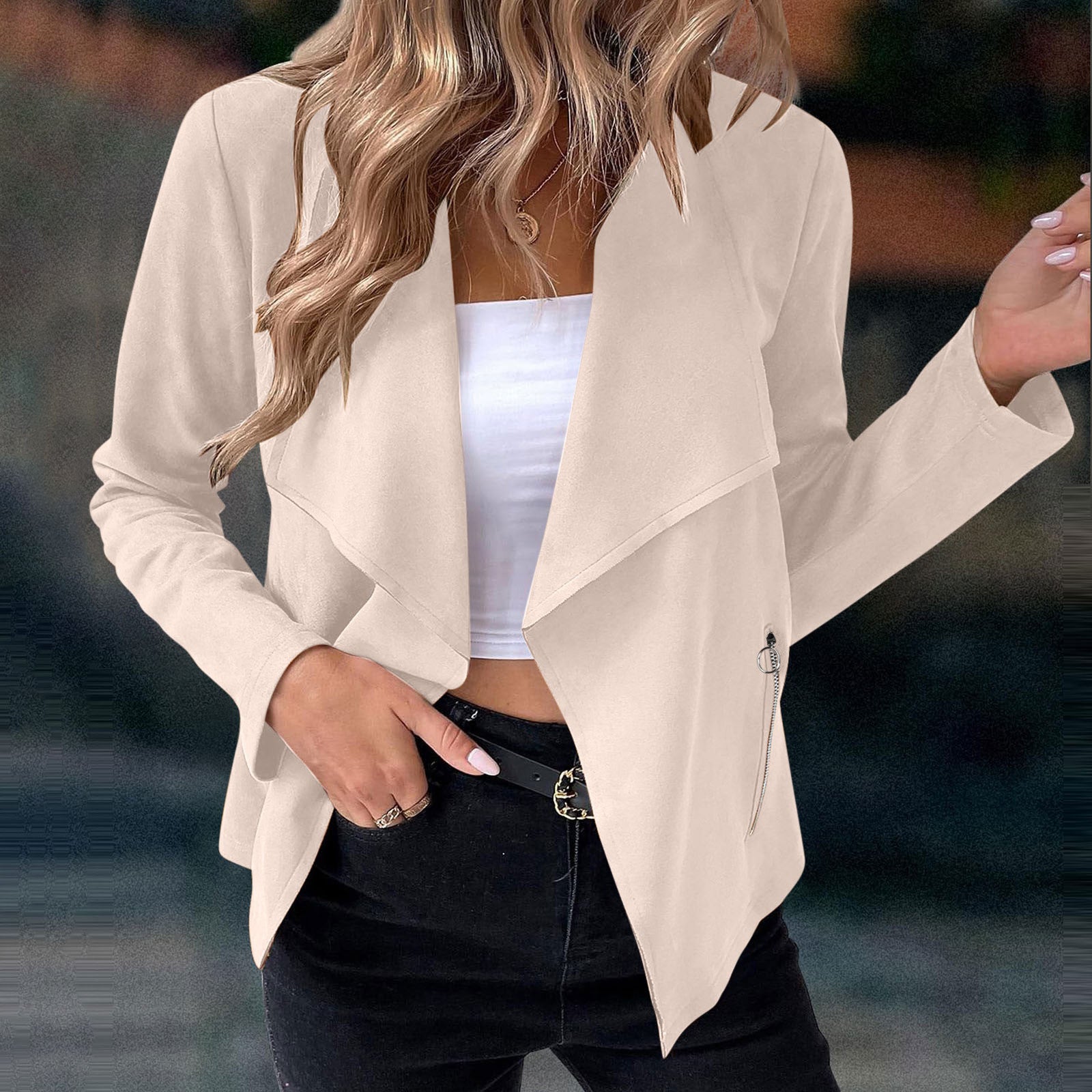 Khaki Waterfall Collar Cropped Jacket