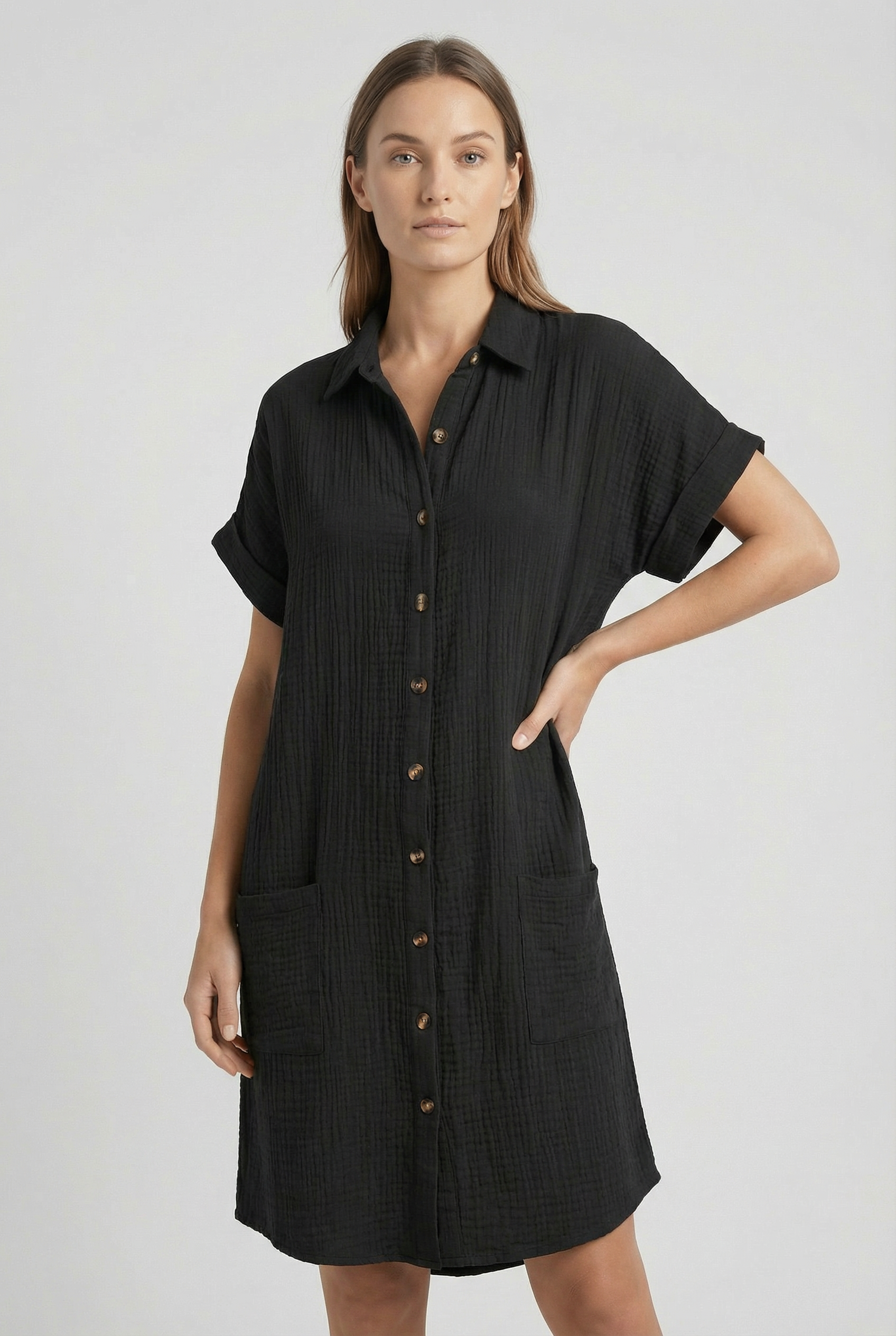 Women's Cotton Blend Short Sleeve Shirt Dress