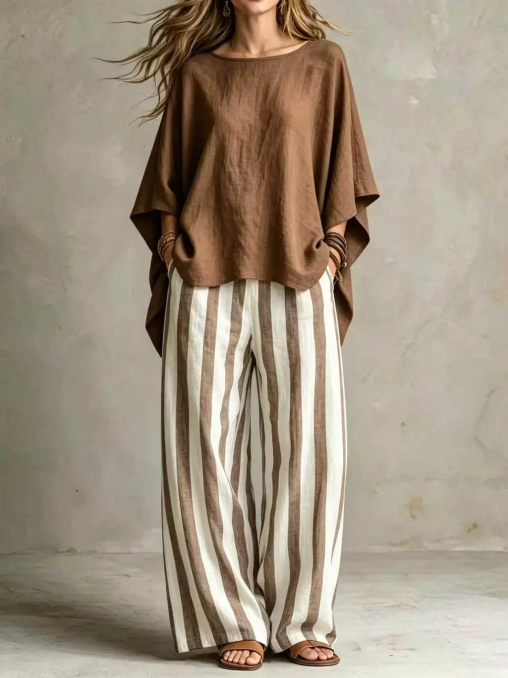 Brown solid color top and trousers co-ord set