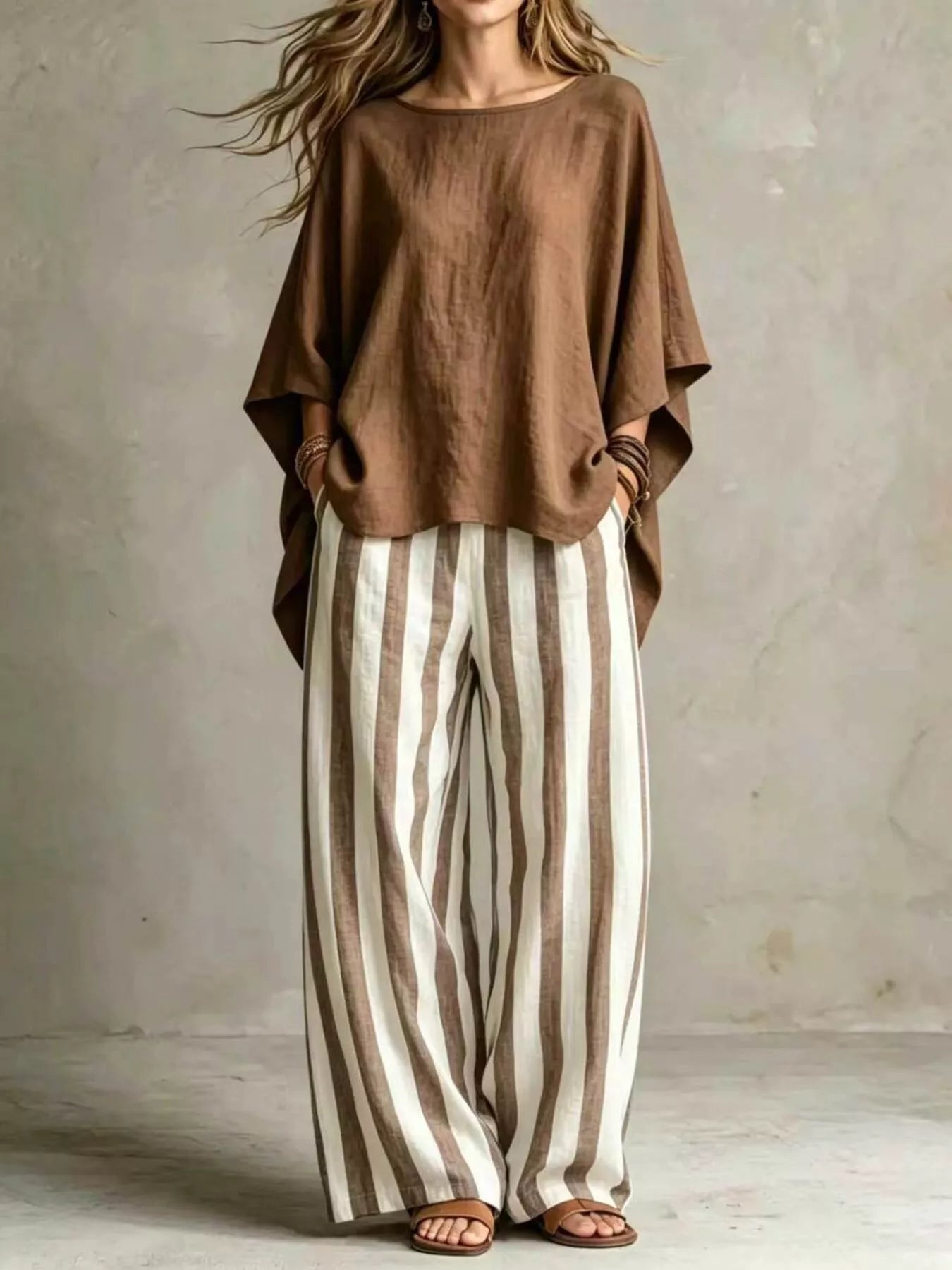 Brown solid color top and trousers co-ord set
