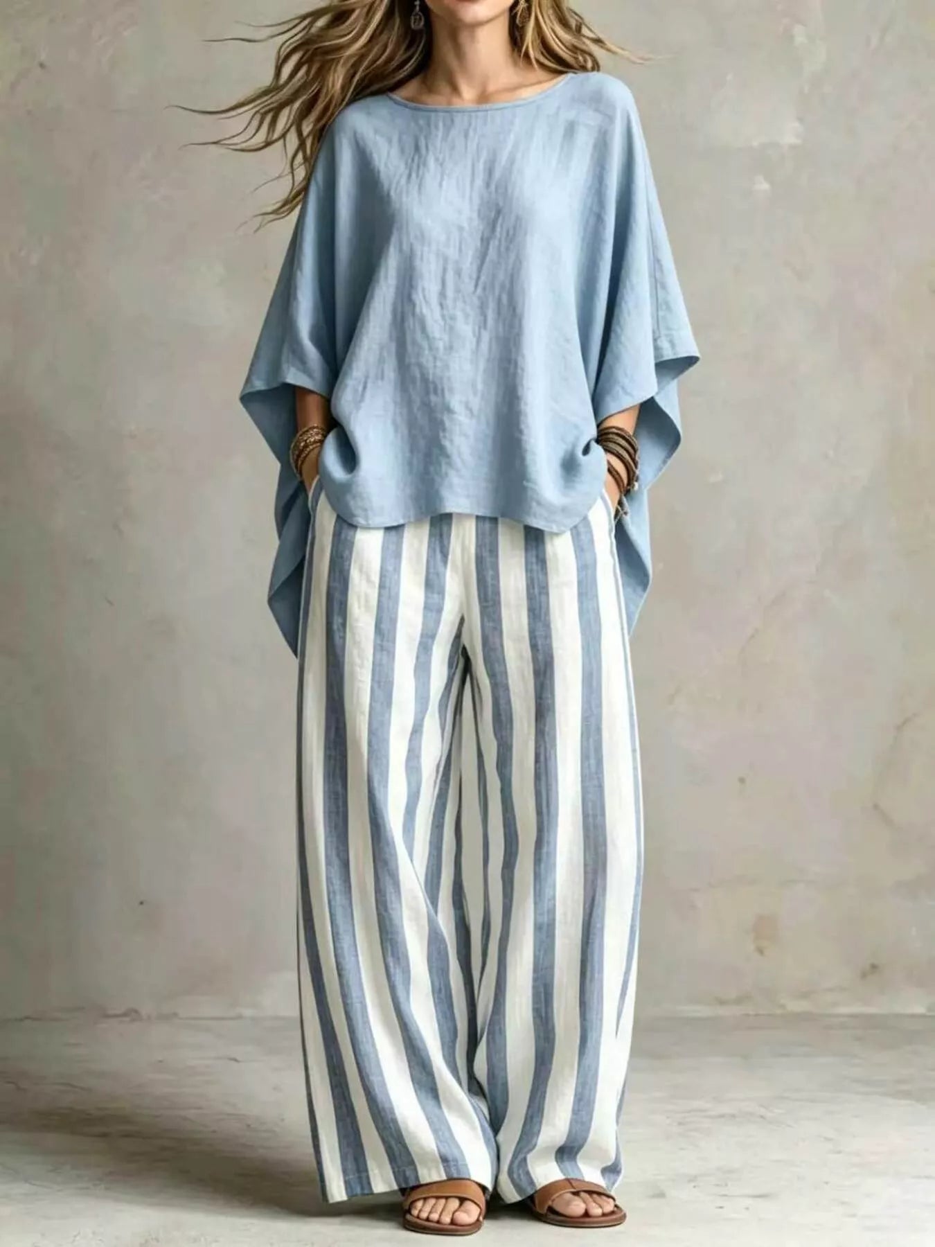 Sky Blue solid color top and trousers co-ord set