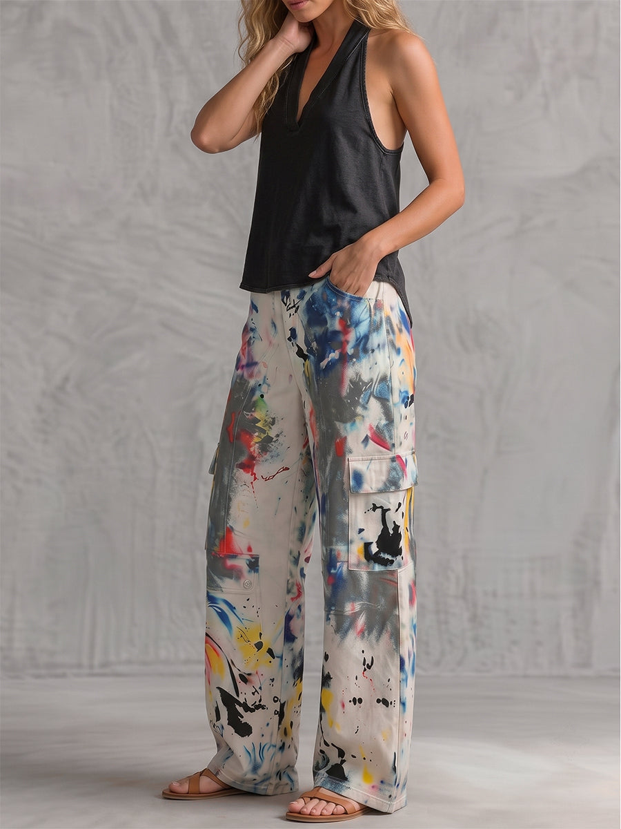 Light Grey Graffiti Print Wide-Leg High-Waisted Jeans, front three-quarter view