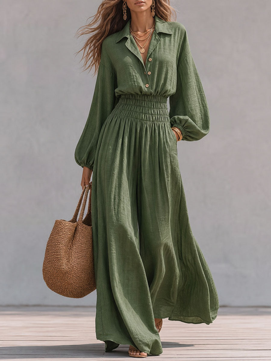 Olive Green Buttoned Lapel Jumpsuit