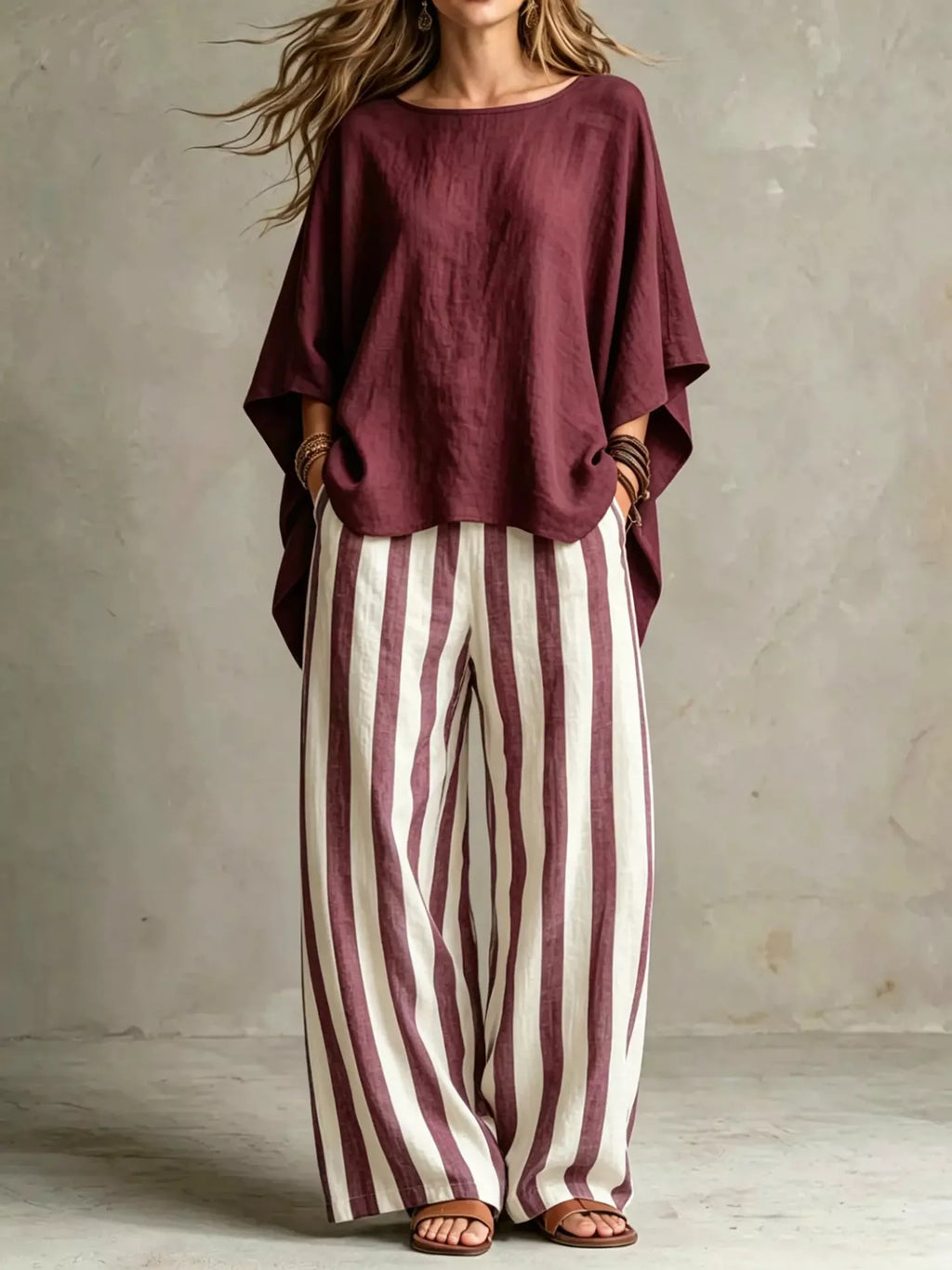 Burgundy solid colour top and trousers co-ord set