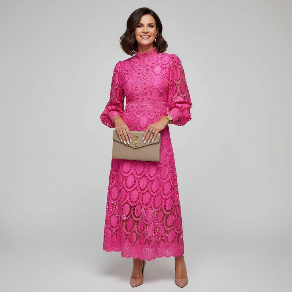 Long Sleeve High Neck Lace Maxi Dress, Beige / L