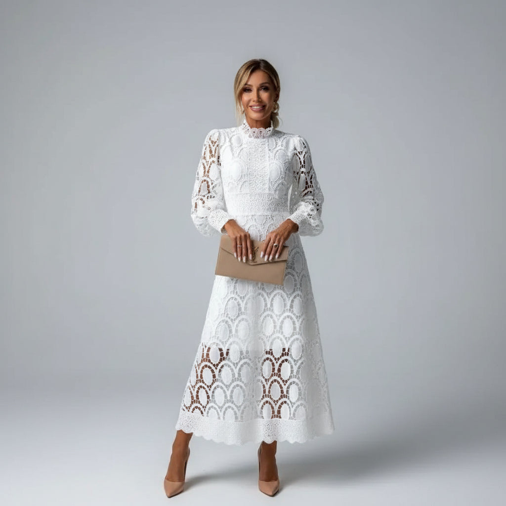 Long Sleeve High Neck Lace Wedding Guest Midi Dress