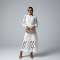 Long Sleeve High Neck Lace Wedding Guest Midi Dress