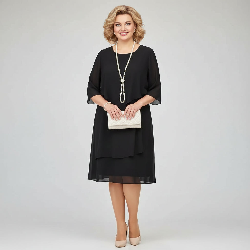 Classic Layered Chiffon Midi Dress with Sheer Cape Overlay