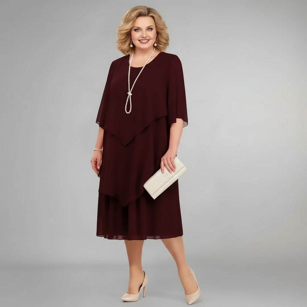 Classic Layered Chiffon Midi Dress with Sheer Cape Overlay