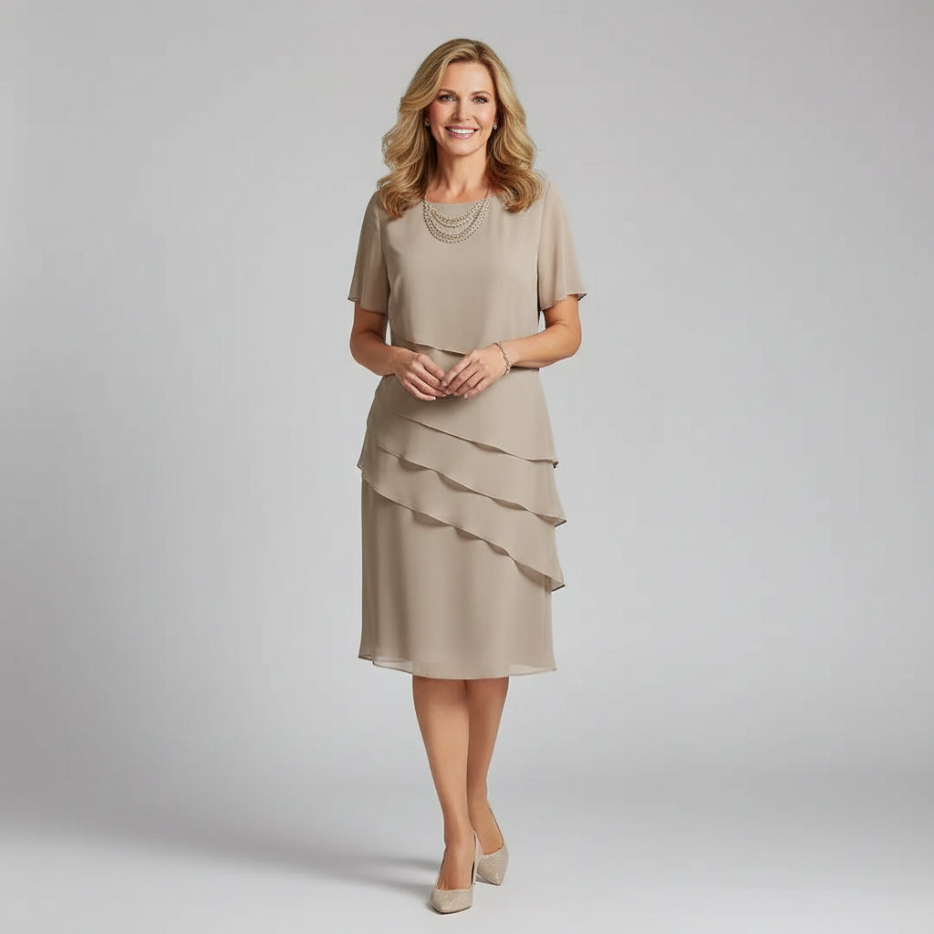 Amelia - Classic Layered Chiffon Midi Dress with Short Sleeves