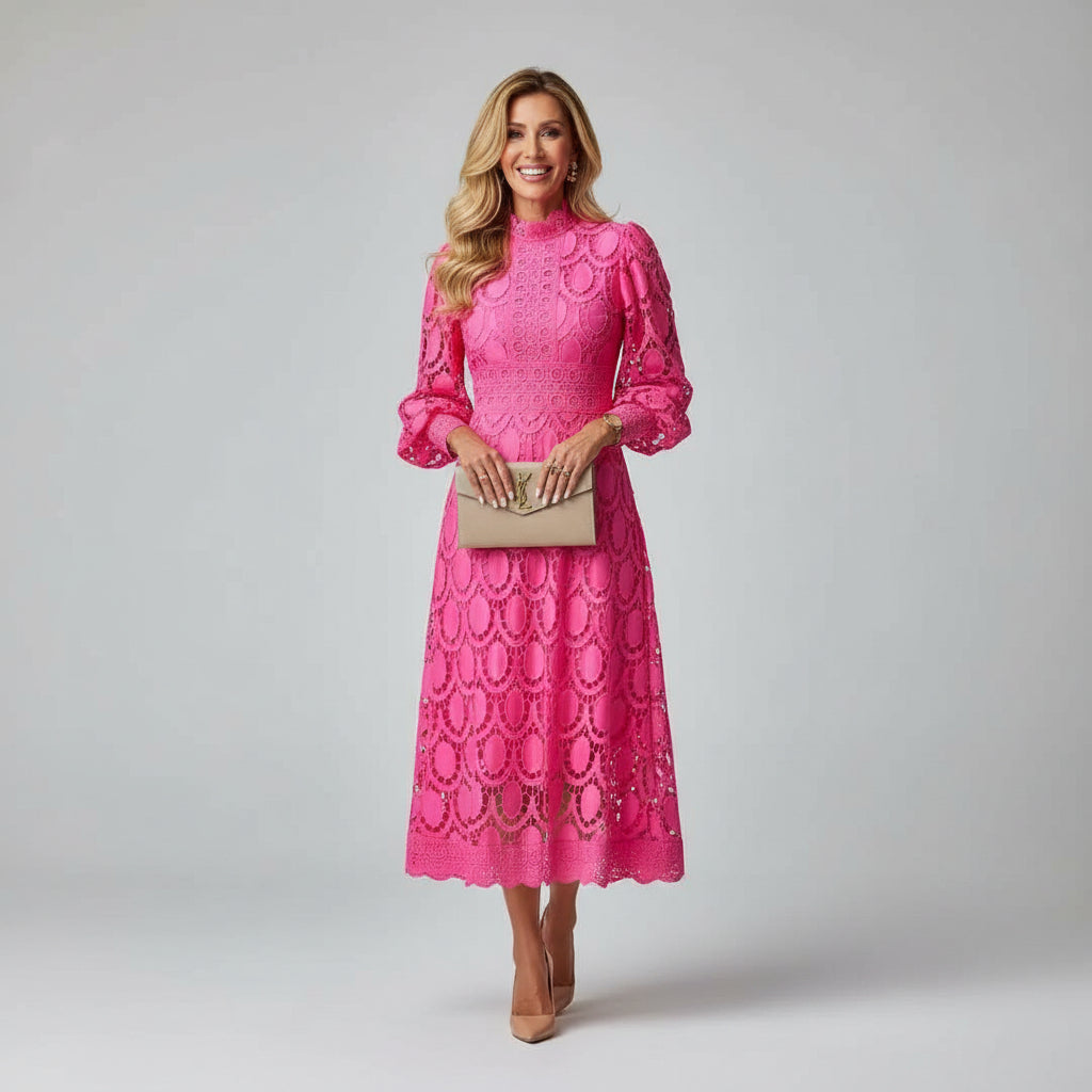 Long Sleeve High Neck Lace Wedding Guest Midi Dress