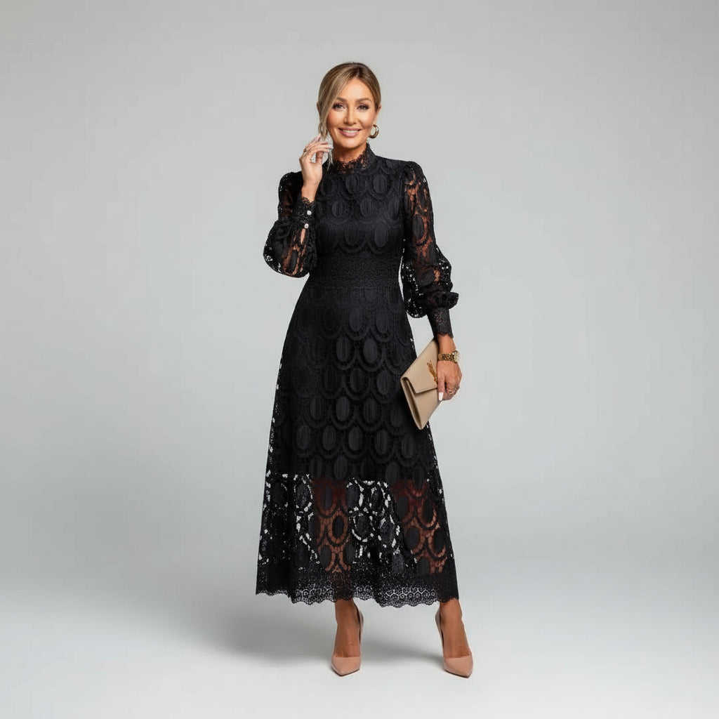 Long Sleeve High Neck Lace Wedding Guest Midi Dress