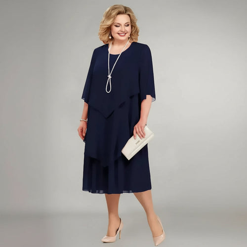 Classic Layered Chiffon Midi Dress with Sheer Cape Overlay