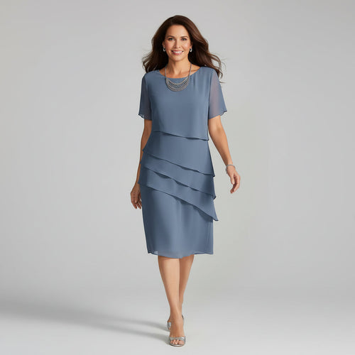 Amelia - Classic Layered Chiffon Midi Dress with Short Sleeves
